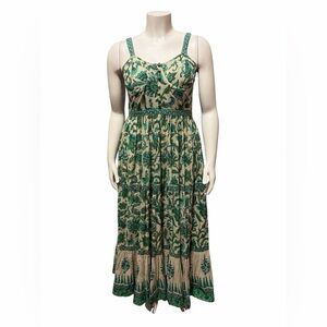 Mo Maya Mojo Bustier Midi Dress XL Green Block Print Cotton Boho Maxi NWT $279